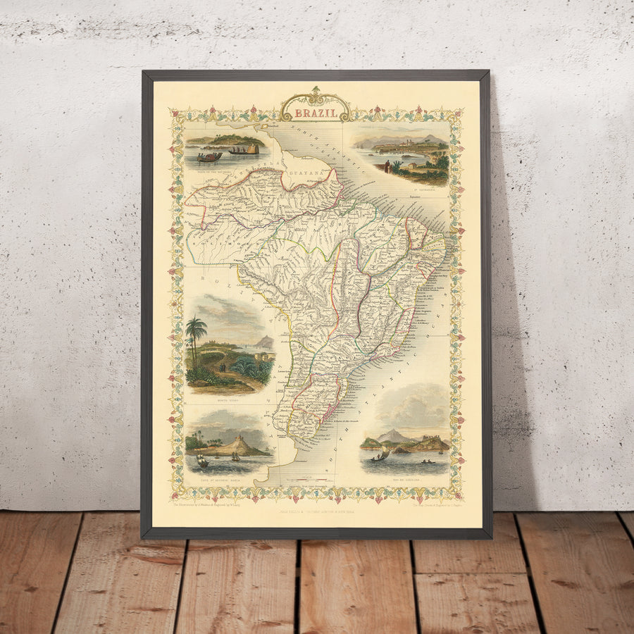 Ancienne carte du Brésil par Tallis, 1851 : fleuve Amazone, Rio de Janeiro, São Paulo, Salvador, côte atlantique 