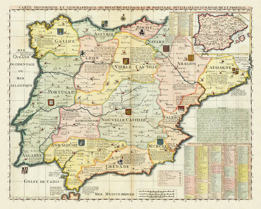 Antica mappa storica di Spagna e Portogallo di Chatelain, 1719: Regni, Province, Stemmi, Inquisizione 