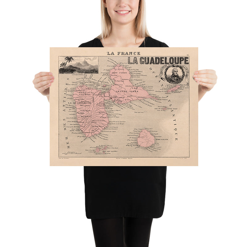 Antica mappa della Guadalupa di Vuillemin, 1869: Pointe-à-Pitre, Basse-Terre, Grande-Terre, Marie-Galante, canna da zucchero 