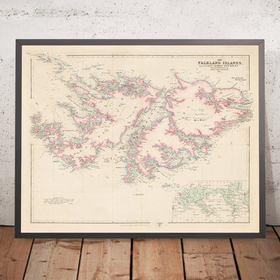 Old Map of Falkland Islands by Arrowsmith, 1848: Port Stanley, Charlotte Bay, Port Ross, Inset World