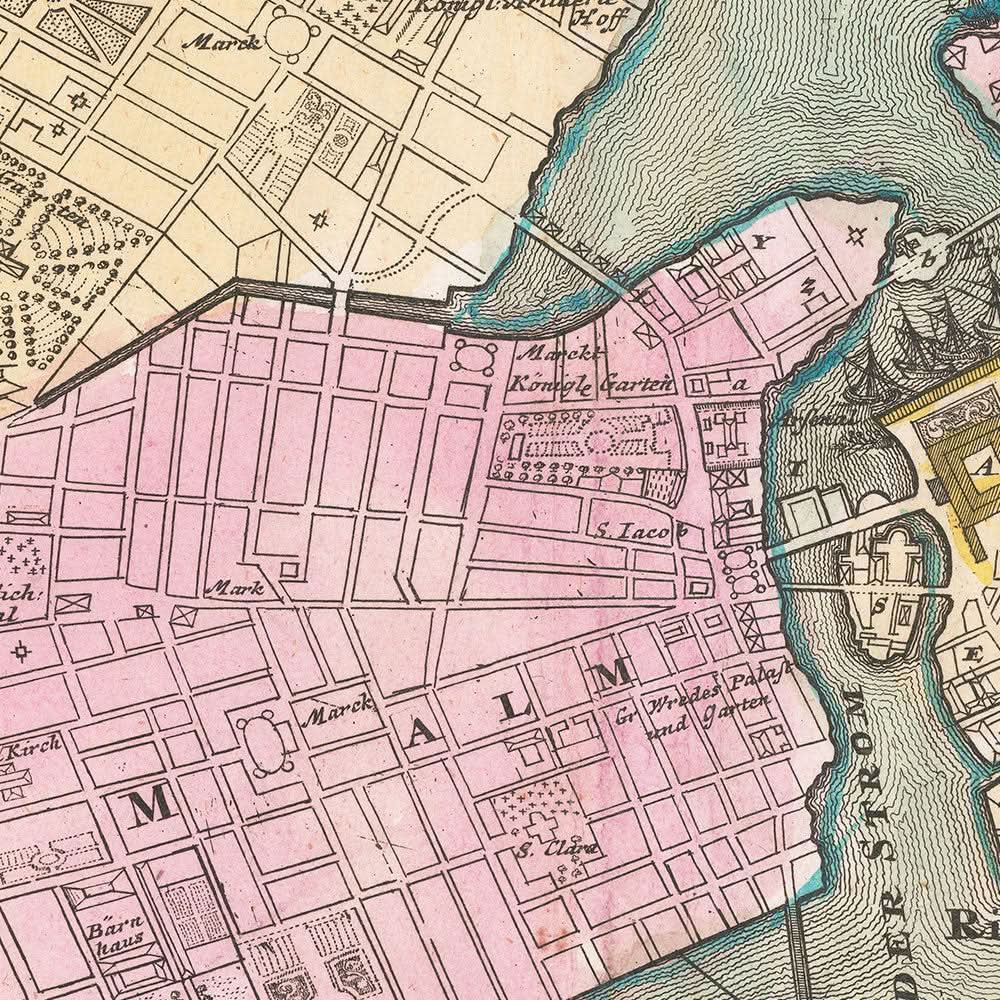 Mapa antiguo de Estocolmo de Homann, 1720: Palacio Real, Riddarholmen, Mälaren, Djurgården, Skeppsbron