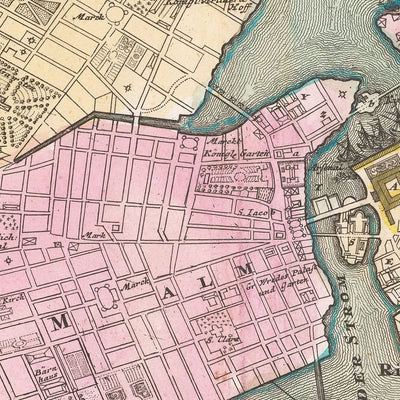 Mapa antiguo de Estocolmo de Homann, 1720: Palacio Real, Riddarholmen, Mälaren, Djurgården, Skeppsbron