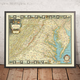 Antiguo mapa de la capital de la nación, 1938: EE. UU., bahía de Chesapeake, Washington D. C., Baltimore, Annapolis, Richmond 