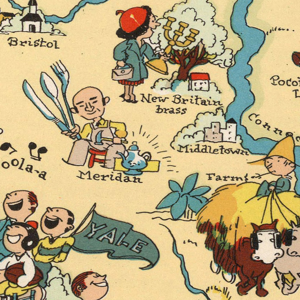Pictorial Map of Connecticut by Ruth Taylor White, 1935: Bridgeport, New Haven, Yale, Long Island Sound, Connecticut River