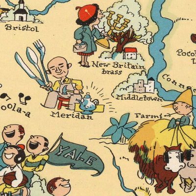 Pictorial Map of Connecticut by Ruth Taylor White, 1935: Bridgeport, New Haven, Yale, Long Island Sound, Connecticut River