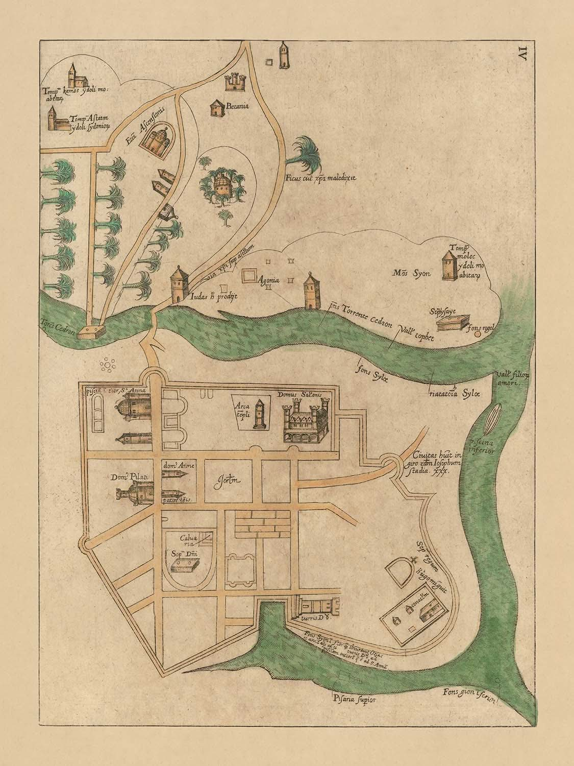 Old Map of Jerusalem in Biblical Times by Bongars: Solomon, Pilate, Sepulchre, Kidron, Siloam