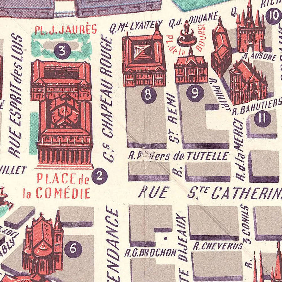 Vecchia mappa di Bordeaux, 1950: Place de la Comédie, Quinconces, Grand Théâtre, Pont de Pierre, Parc Bordelais 