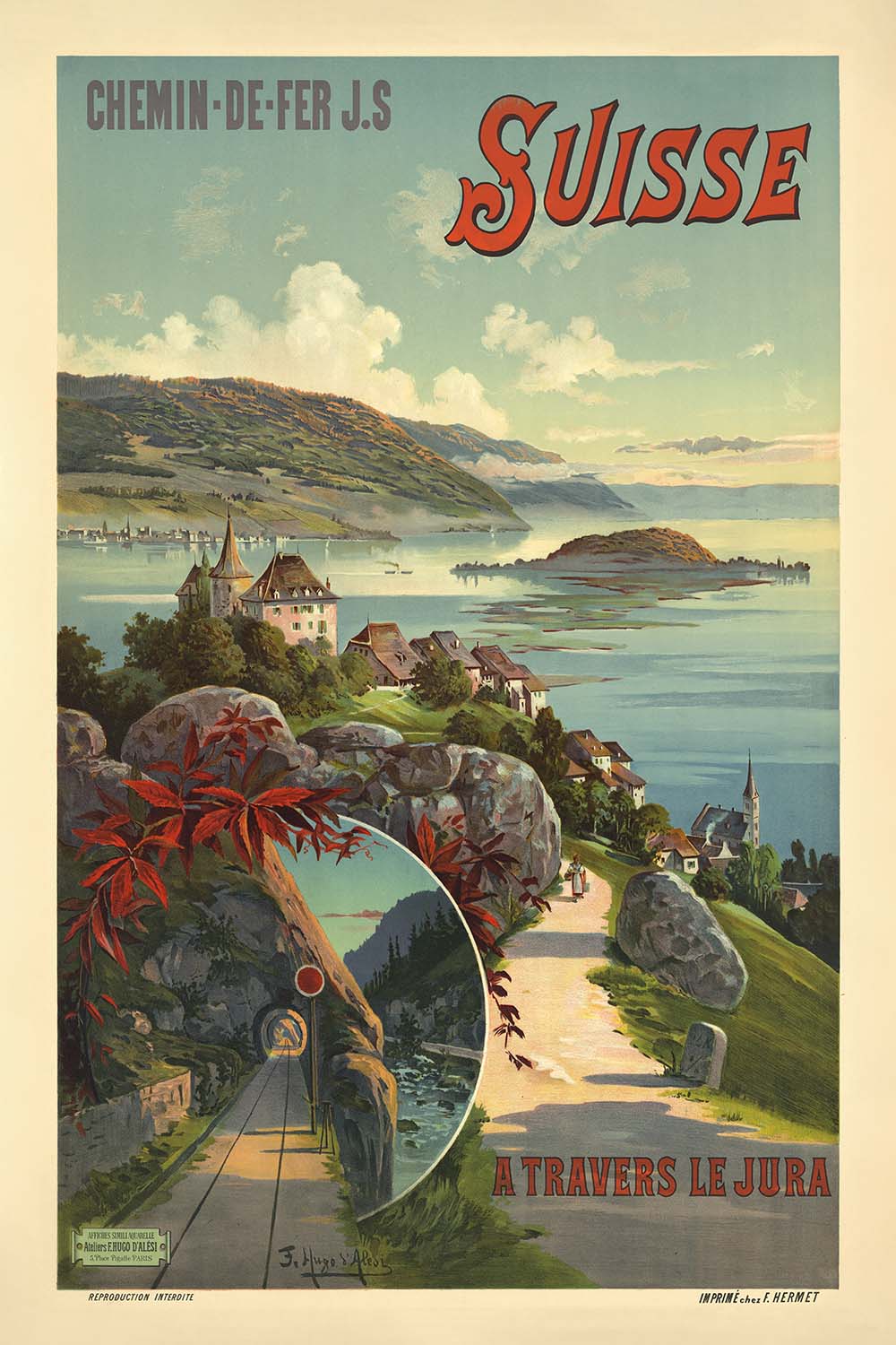 Antique Swiss Travel Poster: A travers le Jura – Suisse, 1895 by Frederic Hugo d’Alési