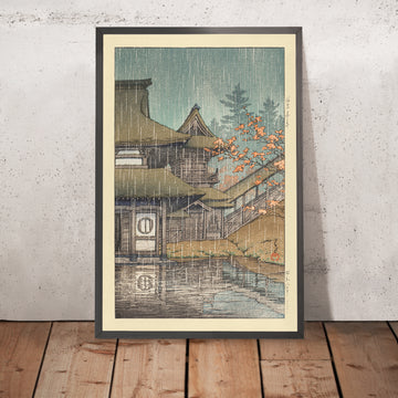 A framed image of Yamadera Temple on a Rainy Day in Sendai by Hasui Kawase, 1935