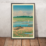 Bateau à voile sur la rivière et chevaux par Hasui Kawase, 1935 