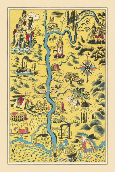 Mapa ilustrado antiguo del río Ródano realizado por Boucher en 1938: Lyon, Nimes, Aviñón, Mont-Ventoux y anfiteatro romano