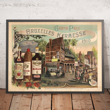 A framed image of Bruxelles Kermesse Vintage Drinks Advertising Poster by Pierre Sauvage, 1910