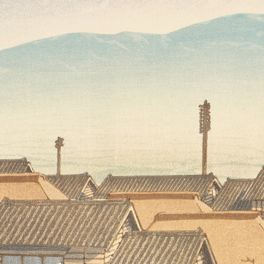 Morgen in Motoyoshiwara mit dem Fuji von Hasui Kawase 1935 