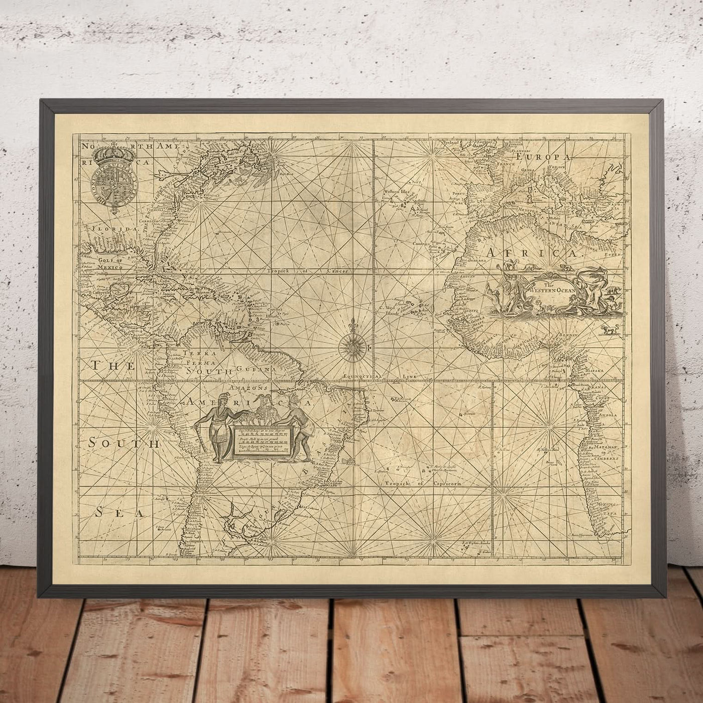 Old Atlantic Ocean Nautical Chart by Mount, 1766: Coasts, Rhumb Lines, Compass Rose