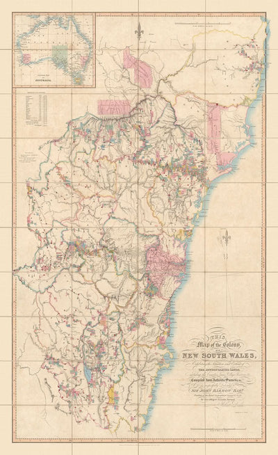 Rare Giant Map of New South Wales by Dixon, 1837: Sydney, Newcastle, Counties