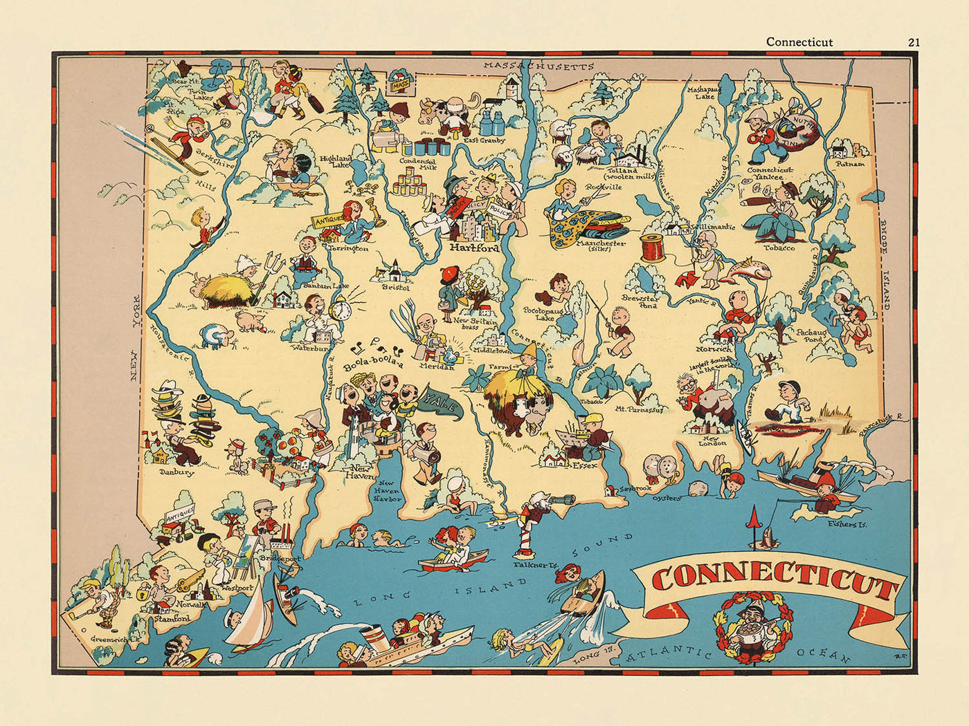 Pictorial Map of Connecticut by Ruth Taylor White, 1935: Bridgeport, New Haven, Yale, Long Island Sound, Connecticut River