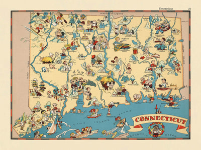 Pictorial Map of Connecticut by Ruth Taylor White, 1935: Bridgeport, New Haven, Yale, Long Island Sound, Connecticut River
