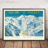 Antiguo mapa pictórico de los Juegos Olímpicos de Invierno de 1960, Squaw Valley, EE. UU.: teleférico aéreo, villa olímpica, Granite Chief 