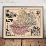 Antiguo mapa pictórico de Lot, Francia, de Vuillemin, 1869: Cahors, Figeac, Gourdon, río Lot, Rocamadour 