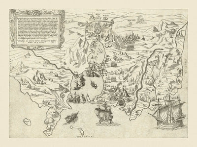 Alte Militärkarte der Eroberung von Tunis durch Zaltieri, 1566: Tunis, La Goletta, Seeschlachten, Borgo Rabat, Ruinen von Karthago