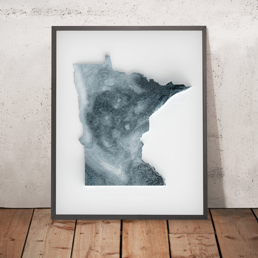 A framed image of a 3D style topographic relief map ofMinnesota