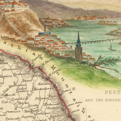 Old Map of Hungary by Tallis, 1851: Budapest, Danube, Carpathians, Nobles, Peasants