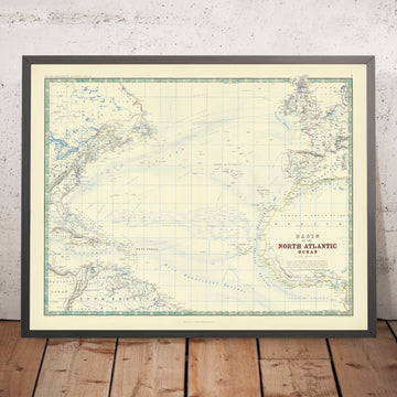 Antiguo mapa de la cuenca del océano Atlántico Norte, 1861: rutas de navegación, Caribe y golfo de México 