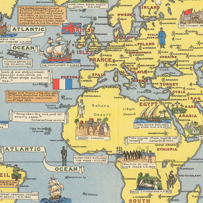 Carte du monde ancien des Nations Unies, 1948 : époque d'après la Seconde Guerre mondiale, style pictural, création de Bartholomew