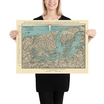 Old Birdseye Map of Puget Sound Region, 1927: Seattle, Tacoma, Olympic Peninsula, San Juan Islands, Mount Rainier