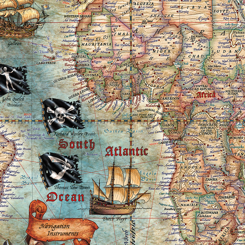 Old Pirate World Map by Ray&Co, 2025: Pirate Ships, Weapons, History