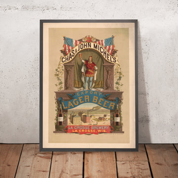 A framed image of Chas. & John Michel’s Vintage Export Lager Beer Poster, 1879