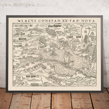 Antica mappa del Lago di Costanza di Munster, 1540: confine tedesco-svizzero-austriaco, Costanza, Lindau, Bregenz, San Gallo, stile Holbein 