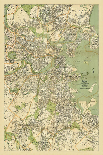 Large Old Street Map of Boston by Walker, 1905: Boston Common, Harvard, Charles River, Back Bay
