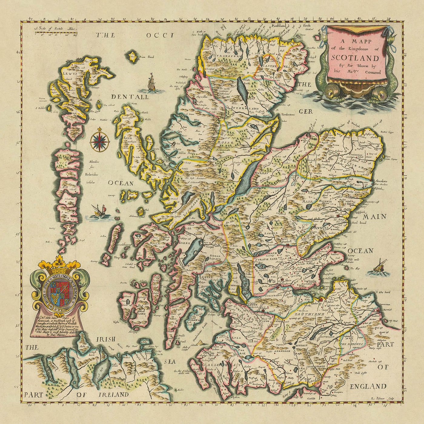 Rare Baroque Map of Scotland by Blome, 1670: Edinburgh, Glasgow, Highlands, Rivers, Loch Ness