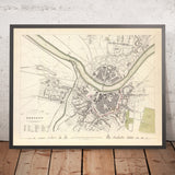 Old City Plan Map of Dresden, Germany, 1833: Elbe River, Altstadt, Neustadt, Zwinger, Frauenkirche