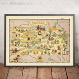 Carte picturale du Kansas par Ruth Taylor White, 1935 : Wichita, Kansas City, Topeka, chemins de fer, tournesols 
