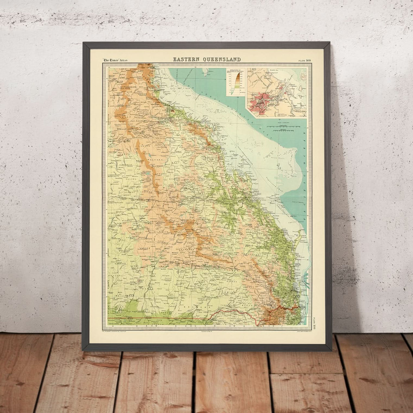 Old Map of Eastern Queensland by Bartholomew, 1922: Brisbane, Cairns, Relief, Shipping Routes