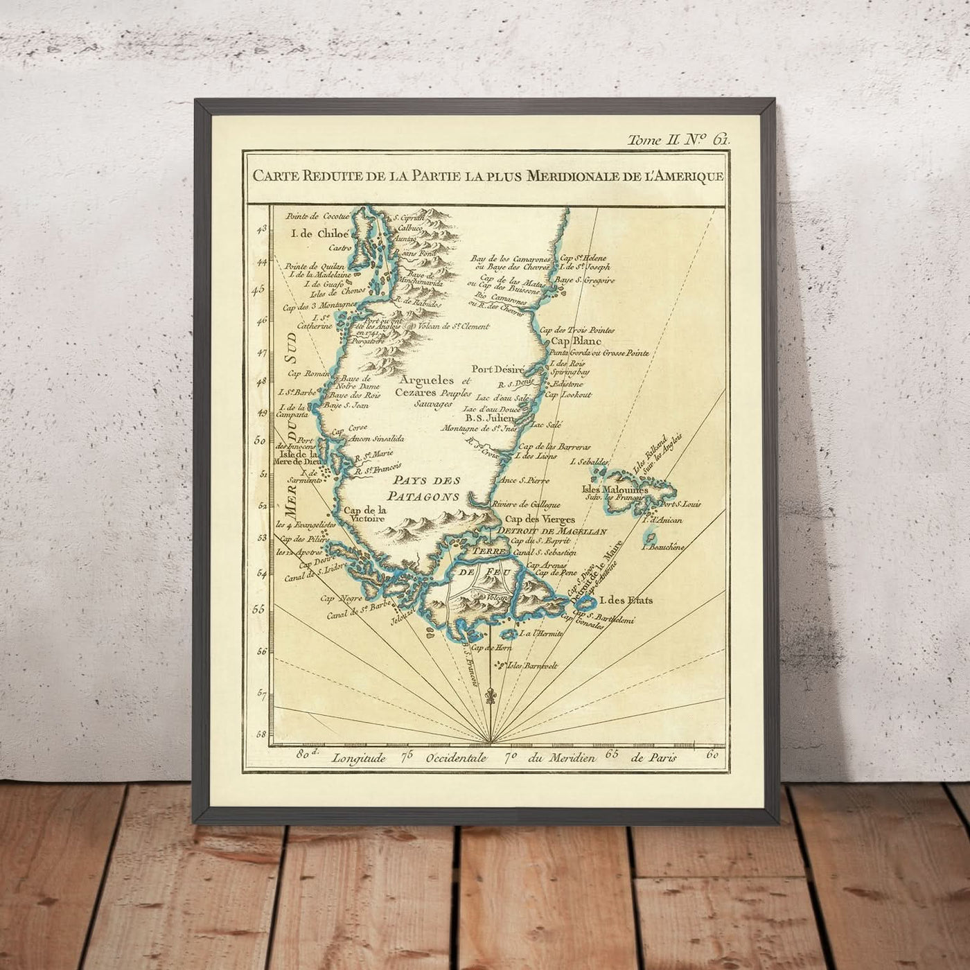 Old Map of Patagonia & Straits of Magellan by Bellin, 1764: Andes, Cape Horn, Islas Malvinas (Falklands)