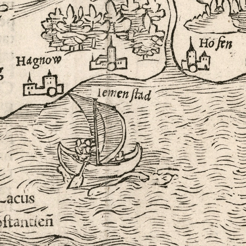 Old Map of Lake Constance by Munster, 1540: German-Swiss-Austrian Border, Konstanz, Lindau, Bregenz, St. Gallen, Holbein Style