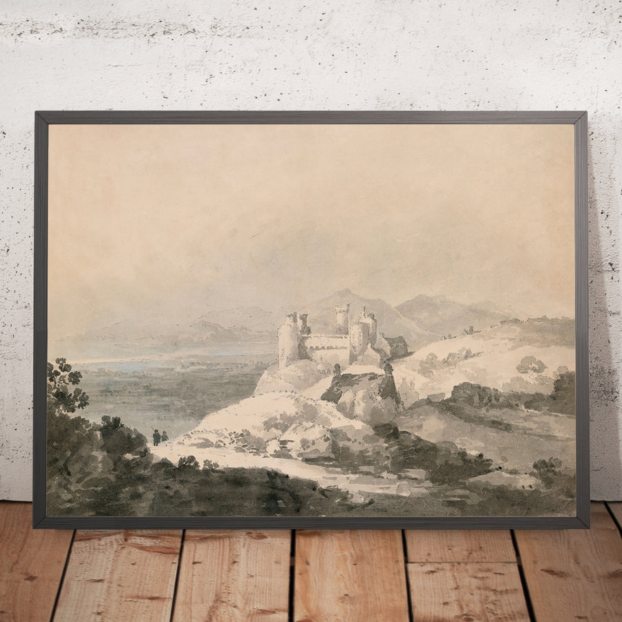 A framed image of Harlech Castle, Wales, from the South by Turner, 1794