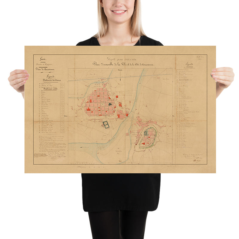 Old Military & Street Map of Carcassonne by Viollet-le-Duc, 1854: Cité Fortifications, Château, Basilica