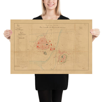 Old Military & Street Map of Carcassonne by Viollet-le-Duc, 1854: Cité Fortifications, Château, Basilica
