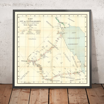 Mapa del Viajero Alemán de Arabia por Raunkiaer, 1912: Riad, Kuwait, Golfo Pérsico, Rutas de Caravanas, Desiertos 