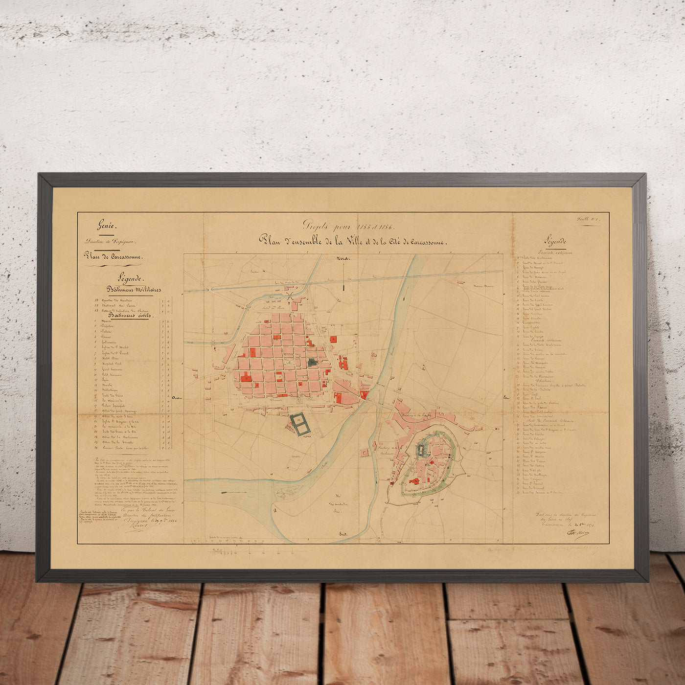 Old Military & Street Map of Carcassonne by Viollet-le-Duc, 1854: Cité Fortifications, Château, Basilica