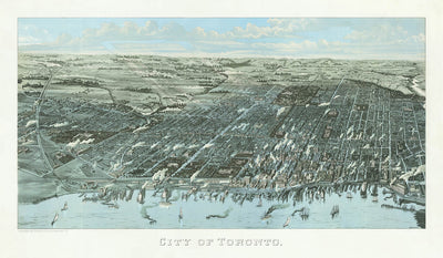 Old Bird’s Eye Map of Toronto by Wesbroom, 1886: Queen’s Park, Harbour, St. James Cathedral, University, Exhibition Grounds