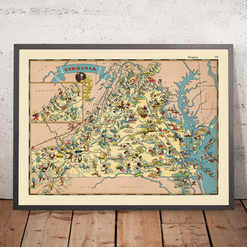 Mappa Pittorica della Virginia di Ruth Taylor White, 1935: Richmond, Norfolk, Baia di Chesapeake, Monti Blue Ridge, Jamestown 