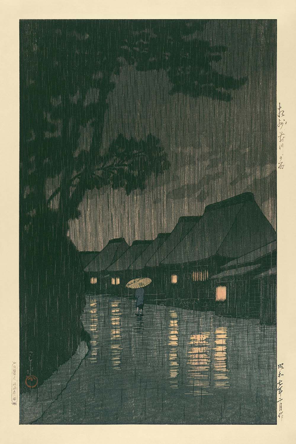 Rainy Night in Maekawa by Hasui Kawase, 1935