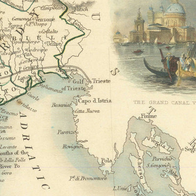 Old Map of Northern Italy by Tallis, 1851: Venice, Alps, St Peter's Basilica, Lake Garda