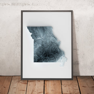 A framed image of a 3D style topographic relief map ofMissouri