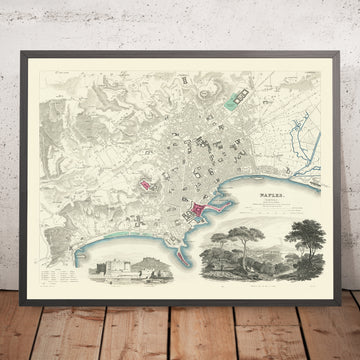 Antica mappa di Napoli di SDUK, 1835: Castello Nuovo, San Martino, Posillipo, Toledo, Grande Porto 